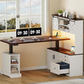 Farmhouse L Shaped Desk with Electric Height Adjustable 70.86 LED Gaming Desk w/Power Outlet Home Office Desk w/Storage Cabinet &amp Sliding Door Executive Desk w/File Drawer White &amp Brown