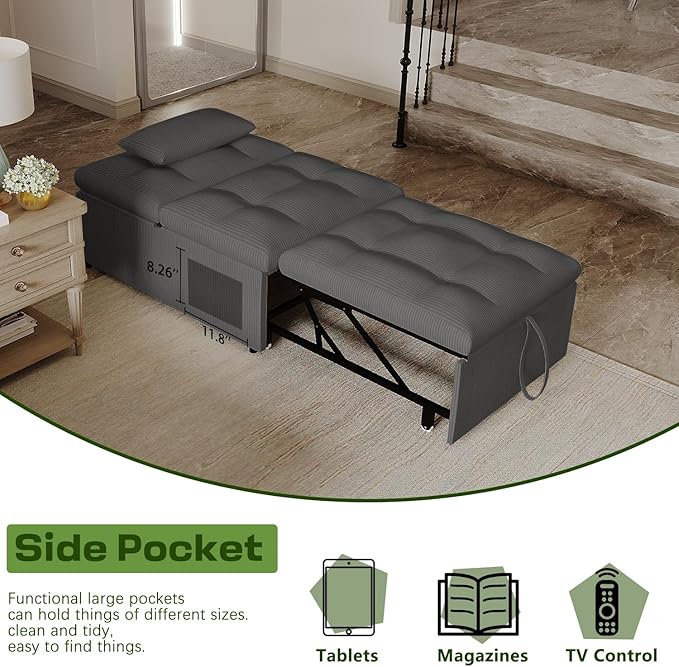 4-in-1 Convertible Sleeper Chair Bed with Adjustable Backrest Pillows Futon Sofa Bed with Side Pocket Sleeper Sofa Chair Pull Out Couches for Living Room Small Space Charcoal