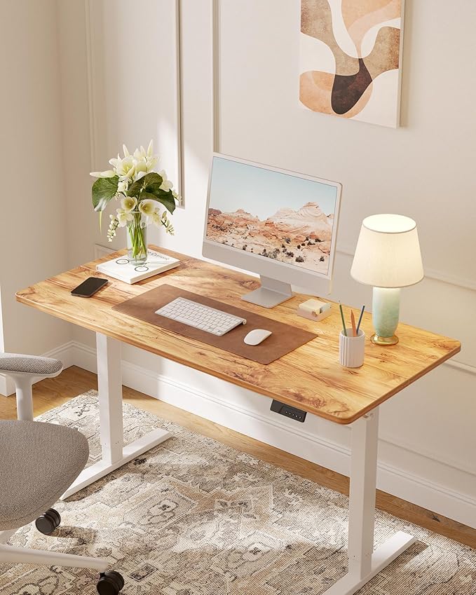 FEZIBO Standing Desk 55×28 Inches Electric Height Adjustable Sit Stand Up Computer Office Desk with Splice Board White Frame/Light Rustic TOP
