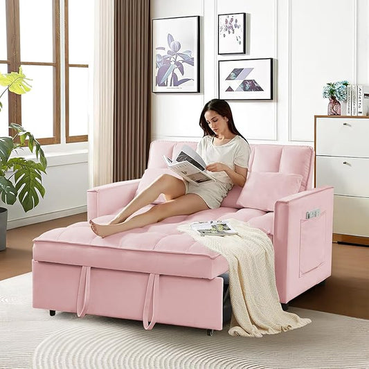 3 in 1 Convertible Sleeper Sofa Bed Futon Couches for Living Room with Side Pocket/Adjustable Backrest Velvet Upholstered Pull Out Couch Small Loveseat Sofa Bed for Bedroom Office Small Spaces