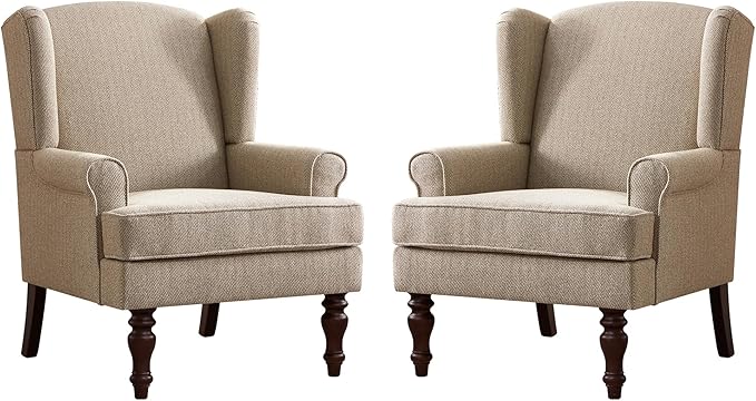 HUIMO Printed Wingback Accent Chair Linen Upholstered High Back Armchair Comfy Reading Chair for Living Room Bedroom Study 300lbs Weight Capacity (2 Brown with Lines)
