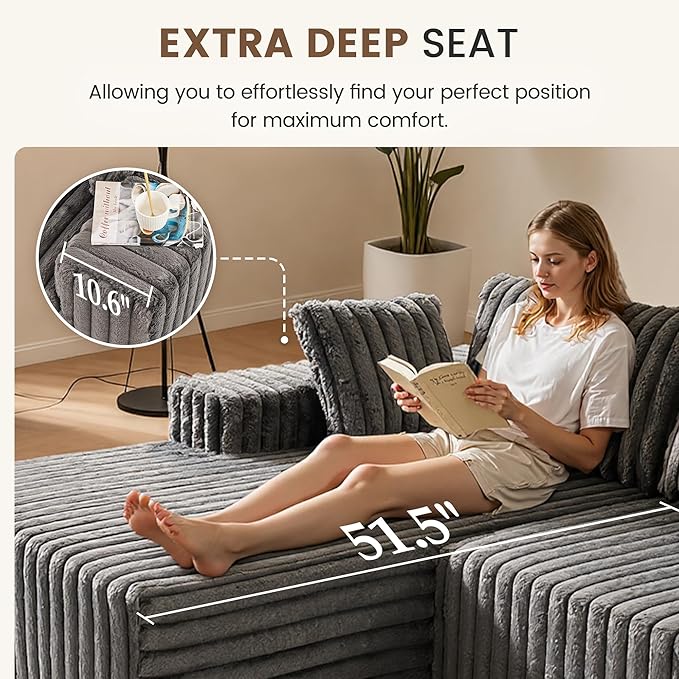 Apicizon 113 Boneless Sectional Couch for Living Room L Shaped Sectional Sofa Couch with Chaise Longue 3 Deep Seat Modular Sofa for ApartmentNo Assembly Required (Plush Corduroy Gray)