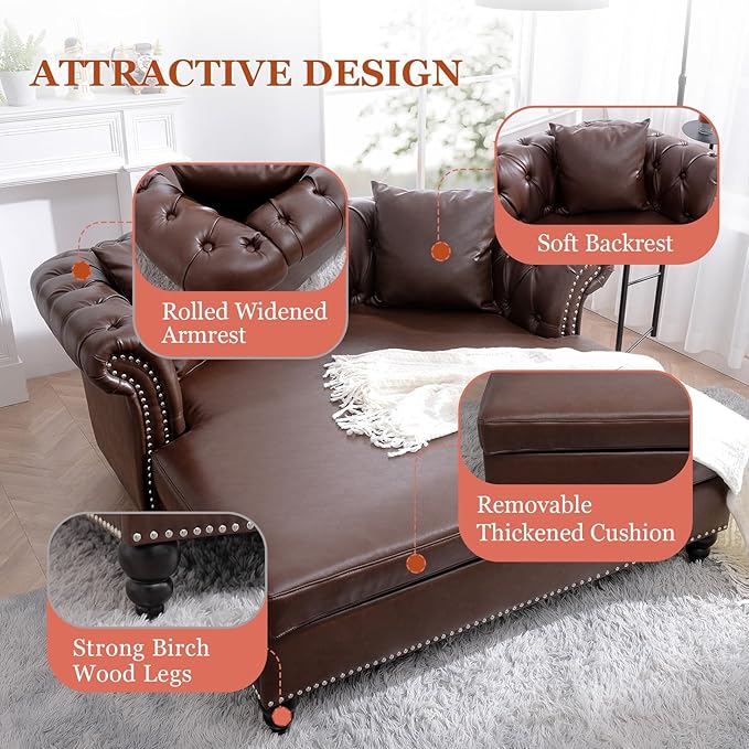 62.99 Chaise Lounge Indoor Comfy Reading Chair with 2 Pillows PU Leather Chesterfield Loveseat Sofa with Tufted Back &amp Rolled Arm Oversized Chaise Lounge Couch Indoor for Living Room Brown