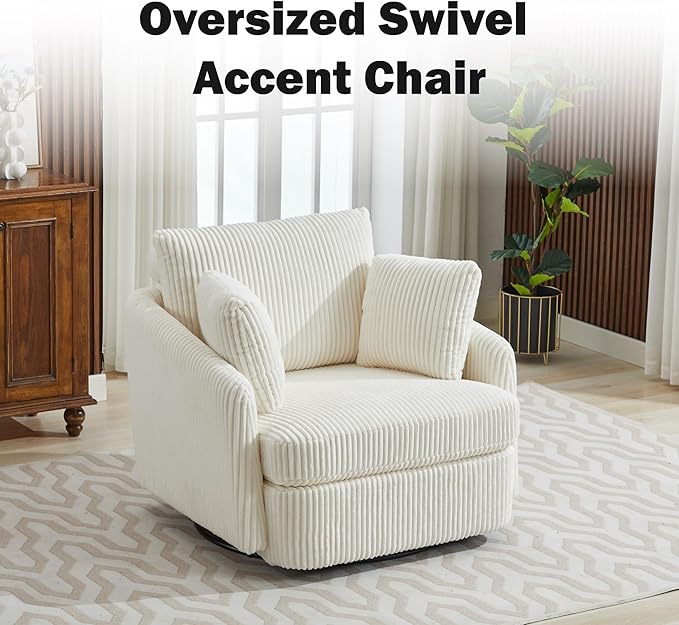 Chifee &amp Vingol 40.6 Oversized Swivel Accent ChairCorduroyIvory