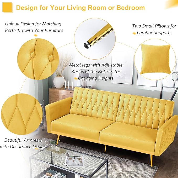 70” Velvet Futon Sofa Bed w/Adjustable Armrests &amp 2 Pillows Convertible Futon Couch w/Adjustable Backrests Modern Sleeper Bed for Living Room Bedroom Yellow