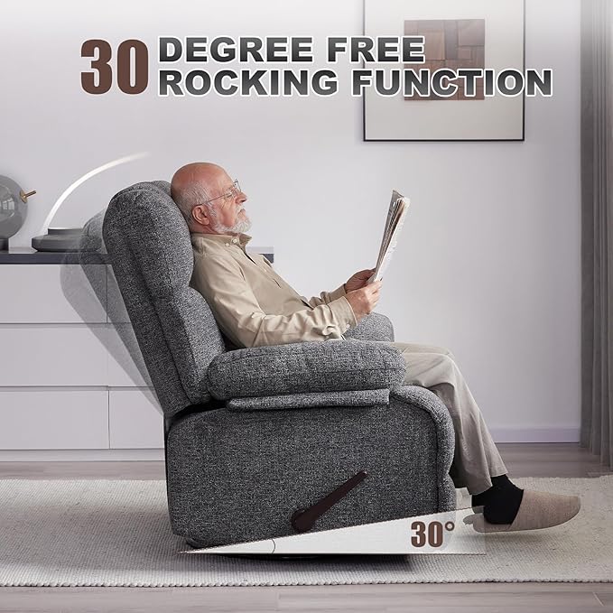 Oversized Swivel Rocker Recliner Chair for Adult Rock Recliner for 350lb Big Man Extra Wide Manual Recliners Overstuffed Soft Rocking Sofa ChairLight Grey