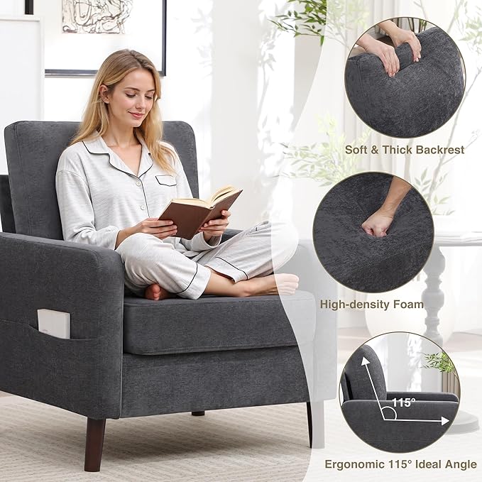 Accent Chair for Living Room Modern Reading Chair for Bedroom Upholstered Armchair with Wood Legs and Side Pockets Single Sofa Side Chair for Office Small Room Apartment Dark Grey