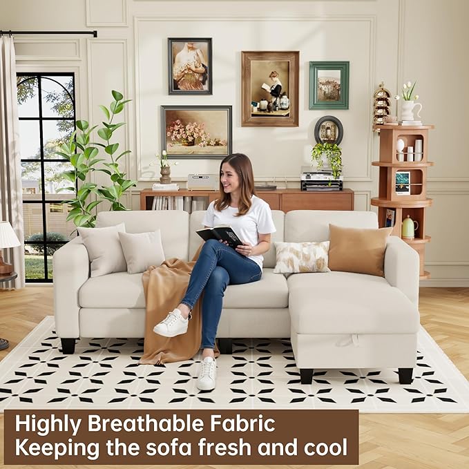ZeeFu Sectional Sofa Couch with Storage Ottoman 78 L Shaped Modular 3 Seater Couches for Living Room Modern Linen Fabric Set for Small Space Apartment Office