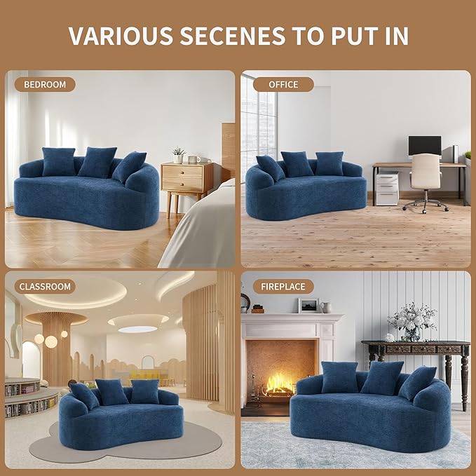 65” Blue Curved Couch&amp Loveseat Sofa with 3 Pillows Compression Couch with Round Armrest Suitable for Small Space Bedroom Living Room Memory Foam Chenille No Assembly (Blue)