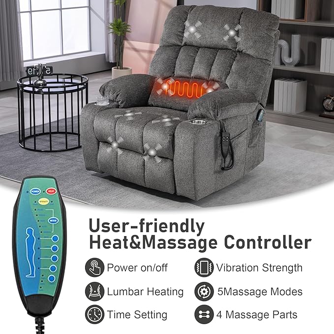 Oversized Power Recliner Chair for Big and Tall 400 LBS 25.5 Extra Wide Electric Lift Chair with Heat and Massage Dual Motor 180° Lay Flat Recliner Living Room Sofa Chenille Big Lift Chair