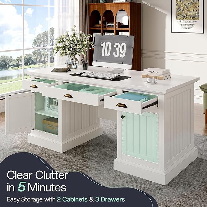 Jocisland 68 Executive Desk for Home Office &amp Study Fluted Panel Computer Table with 3 Drawers and 2 Cabinets Farmhouse Writing Desk – Pure White