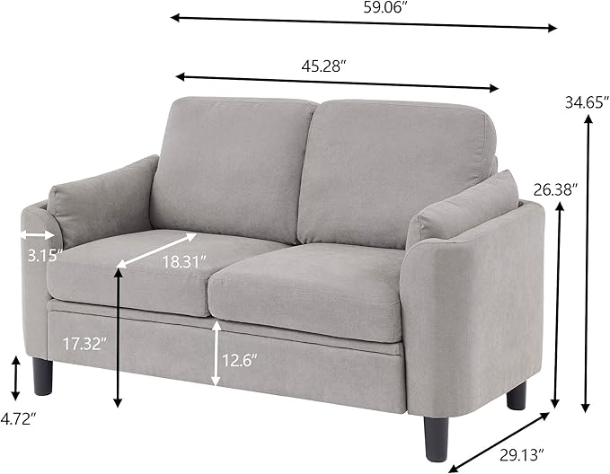 59 Loveseat Sofa Mid Century Modern Love Seat with Back Cushions 2-Seat Small Sofa Couch for Living Room Bedroom Small Spaces Light Grey