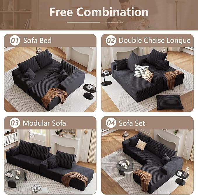 95 Cloud Sectional Couch with L-Shape Chaise Modern Corduroy Boneless Deep Seat Sofa 3-Seater Modular Sleeper Couch for Living Room Bedroom Apartment No Assembly (Black Right-Facing Chaise)