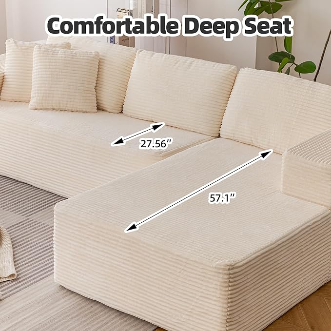 HOMREST 106 Cloud Sectional Couch with Chaise Lounge L-Shape Modular Sectional Boneless Sofa with Deep Seat Upholstered Couches for Living Room Bedroom No Assemble Beige (Plush Corduroy Fabric)