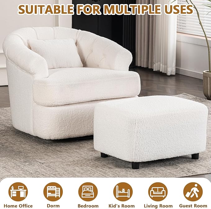 Swivel Accent Chair with Ottoman for Living Room Boucle Swivel Chairs &amp Upholstered Barrel Chair with Ottoman White Sherpa Chairs for Small Spaces with Curved Backet 360 Swivel and Pillow