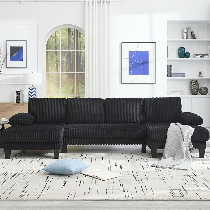 114.2 Beige Sectional Couches for Living Room U Shaped Couch with Double Chaise Modern Comfortable Plush Corduroy 4-Seat Cloud Sofa Set with Chenille Fabric for Home Furniture (Black)