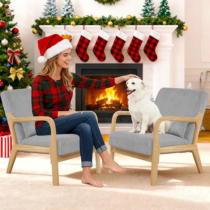 Accent Chair Mid-Century Modern Armchair with Waist Cushion Fabric Lounge Reading Chair with Wood Frame Comfy Single Sitting Seat for Living Room Bedroom Balcony up to 450lbs Gray