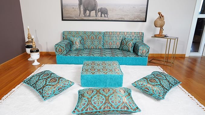 arabicsofa Turquoise Arabic Floor Cushion – Jalsa Sofa Set with Pillows Traditional Oriental Floor Seating Sofa Ottoman Couch