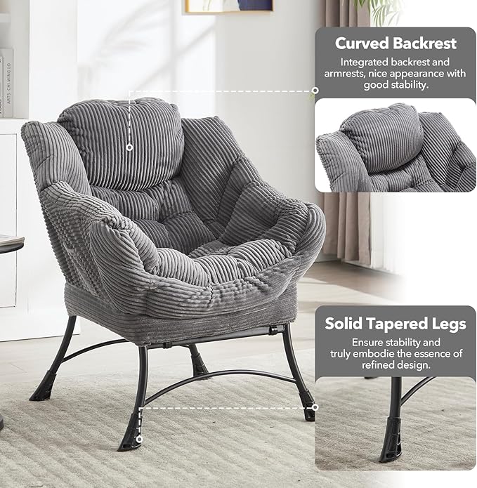 NIOIIKIT Leisure Lazy Chair with Ottoman Corduroy Upholstered Lounge Armchair with Side Pocket Comfy Reading Chair Lazy Sofa Chair for Living Room Bedroom Office (Grey)