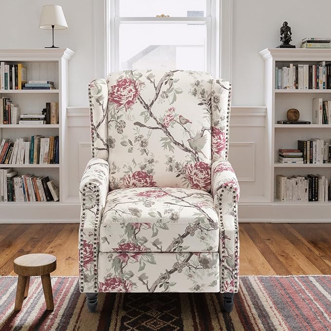 Set of 2 Floral Pushback Recliner Chairs Fabric Upholstered Rivet Trim Accent Club Chairs for Living Room Home Theater- Red Floral