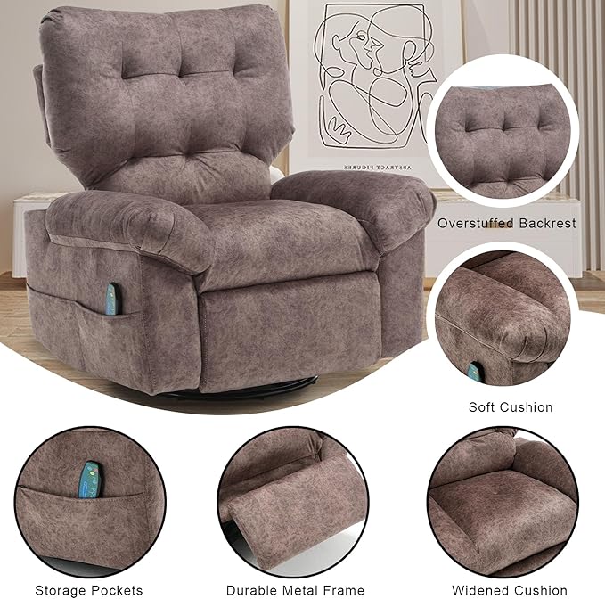 Rocker Recliner Chair for Adults Soft Lazy Boy Recliner Chair with Heat&amp Adjustable Backrest Footrest Oversized Massage Recliner Chair with Swivel and Side Pocket for Living Room Bedroom (Brown