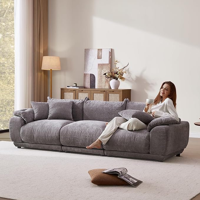 SICOTAS 102 Modular Sofa for Living Room - Cloud Sectional Sofa with Deep Seat &amp Removable Cover Modern 3-Seat Chenille Couch Sofas Set for Apartment Grey