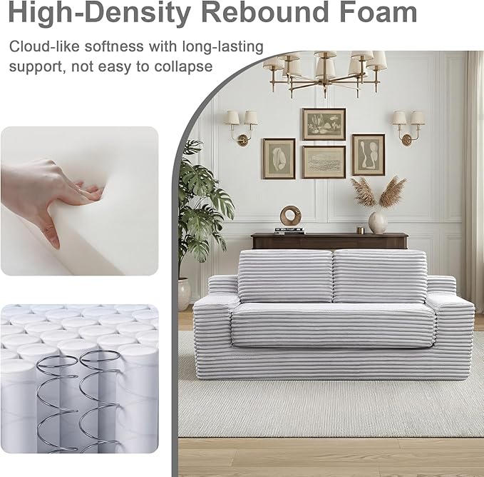 Boneless Loveseat Sofa: 70 Inch Corduroy Cloud Double Sofa 2-in-1 Convertible Cloud Sofa Bed for Living Room Apartment &amp Small Spaces (Minimalist Light Gray)