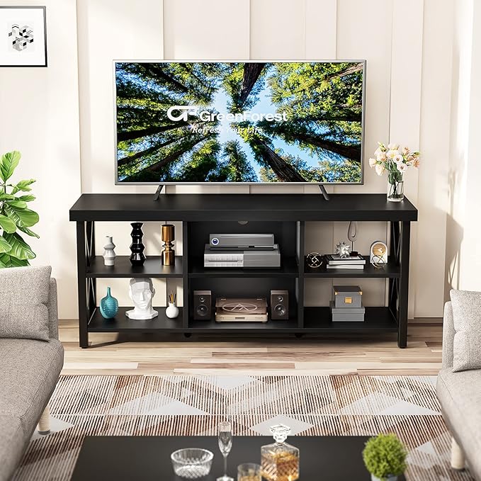 GreenForest TV Stand for TV up to 65 inches Entertainment Center with 6 Storage Cabinet for Living Room 55 inch Farmhouse Television Stands Console Table Industrial TV stands for Living Room Black