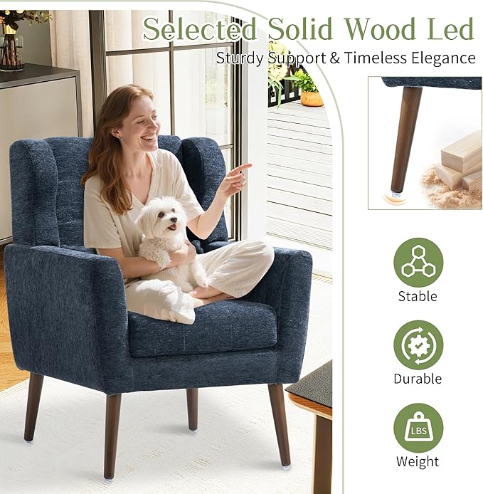 cinkehome Accent Arm Chairs for Living Room Chenille Upholstered Mordern Armchair Comfy Soft Padded Lounge Chair in Small Spaces Bedroom Pillow Solid Wood Leg Blue