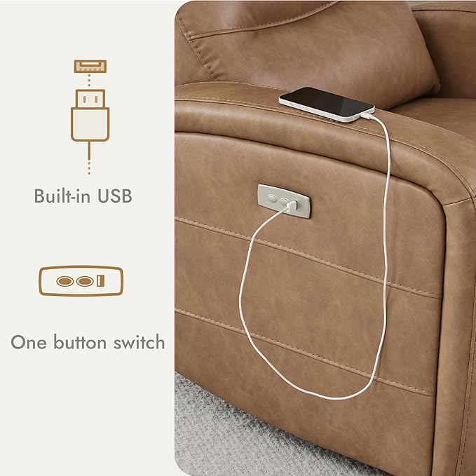 Watson &amp Whitely Swivel Power Recliner Glider Rocker Small Recliner with Charging Port for Living Room Faux Leather in Camel