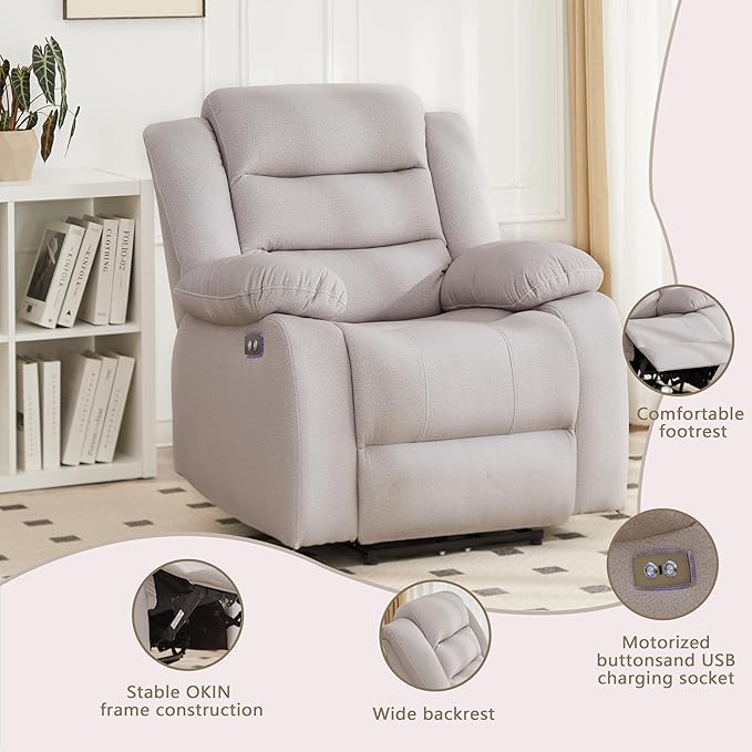Power Recliner Chair Recliner for Adults Upholstered Soft Fabric Reclining Sofa Chair for Living Room (Gray)