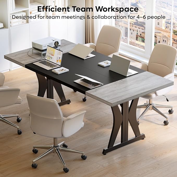 Bestier 70 Inch Large Executive Desk Modern Simple Computer Office Desk with Thickened Desktop Wood Metal Conference Room Table for Home Office Business &amp Writing Grey