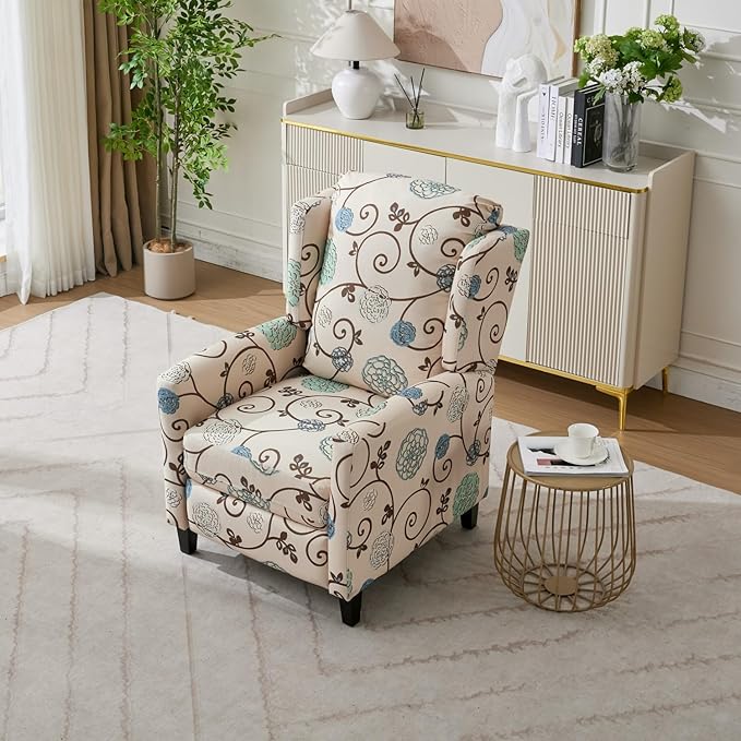 Push Back Recliner Chair with High Back Blue Floral Print Fabric Upholstery Classic Wing Back Design 250 LBS Capacity (Beige)