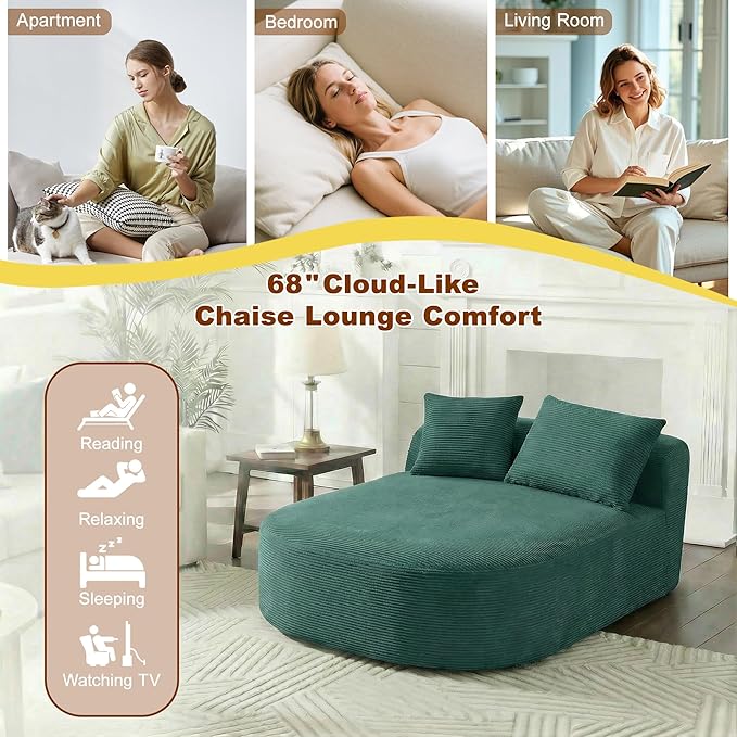 Chaise Lounge Chair Indoor 67.5 Oversized Boneless Couch Could Comfy Upholstered Sleeper Sofa Bed Corduroy Plush Modern Curved Floor Sofas Chair with 2 Pillows for Readng Living Room Bedroom Apartment