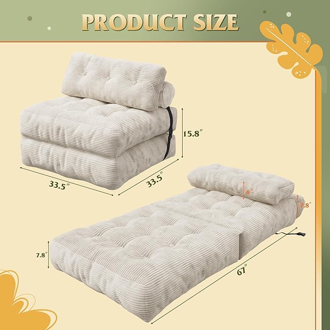 WLIVE Folding Sofa Bed for Living Room Boneless Chair Folding Chair Bed Bean Bag Chairs for Adults Pull Out Sofa Bed Dorm Bedroom Beige