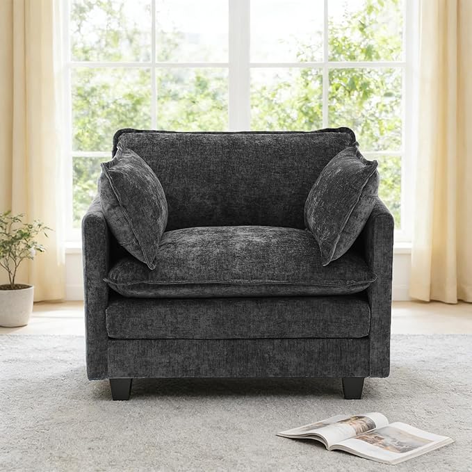 Redlife 42.5 Single Sofa Chair Chenille Upholstered Accent Chair with Spring &amp Double Foam Cushion System Removable Covers Easy to Assembly Black