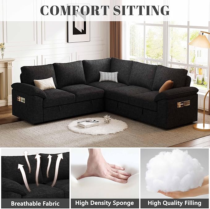85 Inch Modular Sectional Sofa with Pull Out Bed L Shaped 5 Seat Sectional Sleeper Sofa with Storage Sectional Couches for Living Room Cloud Modular CouchRemovable Sofa Cover Black