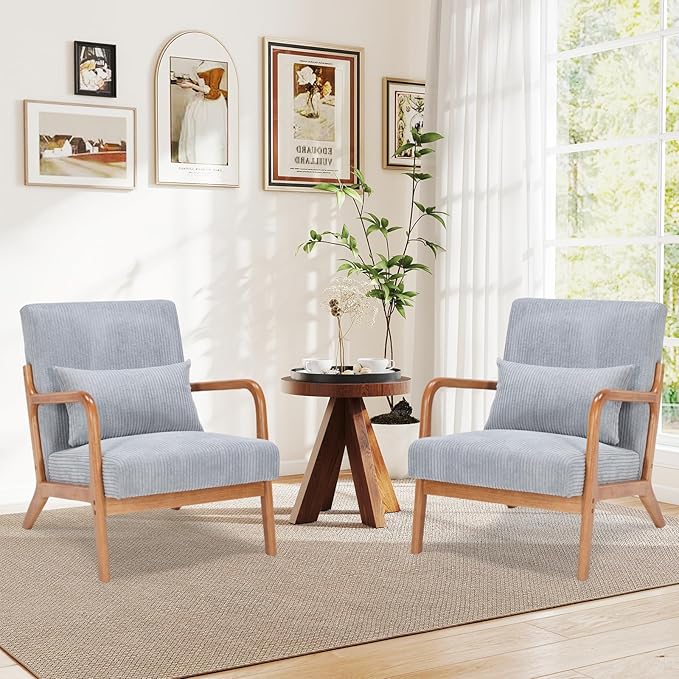 Rovibek Striped Accent Chair Set of 2 - Modern Accent Chairs with Lumbar Pillow Comfortable Reading Chair for Bedroom with 4.7in Thick Cushion Small Living Room Chairs for Small Spaces