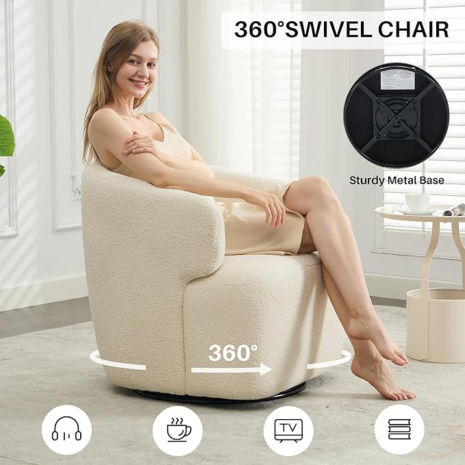 Swivel Accent Chair Sherpa Teddy Barrel Chair for Living Room Cozy Round Boucle Arm Chair Metal Base for Club Nursery Bedroom Beige Cream White