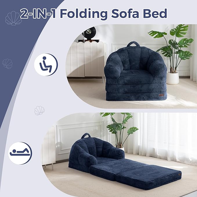 MAXYOYO Folding Sofa Bed 2 in 1 Convertible Sofa to Lounger Comfy Single Bean Bag Chair for Adults Floor Sleeper Couch with Handle Faux Fur Couch Bed for Living Room Bedroom Navy