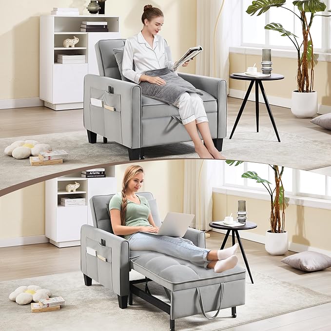 Convertible Sleeper Chair 3 in 1 Sleeper Chair Bed Pull Out Sofa Bed Chairs Velvet Single Sofa Beds with Adjustable Backrest for Adults Reading Living Room Bedroom Light Grey