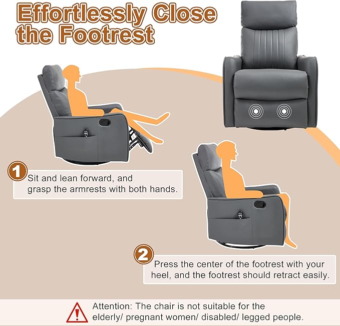 Manual Swivel Rocker Recliner Chair for Adults Overstuffed Recliner Glider with Massage and Heat Living Room Reclining Chair PU Leather Gray