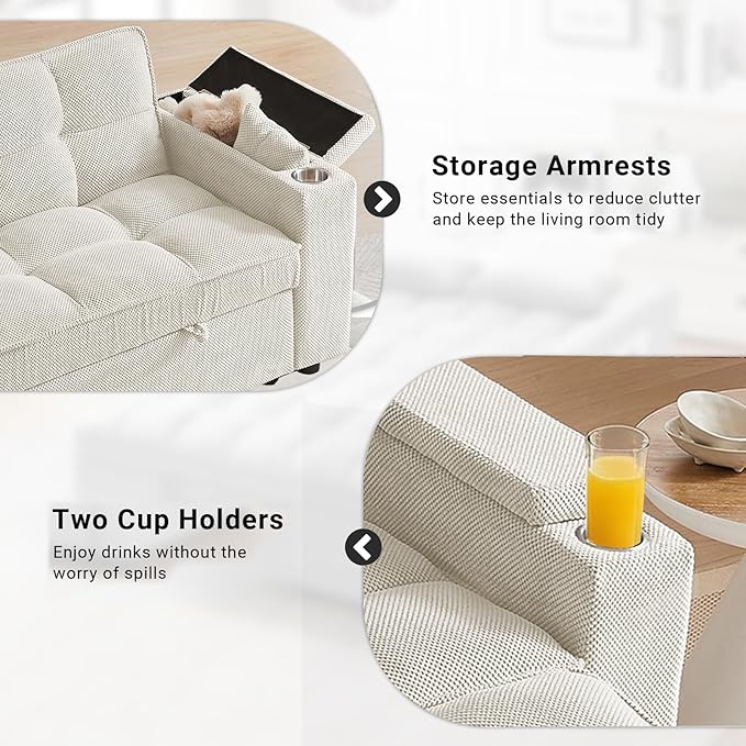65'' 3-in-1 Sleeper Sofa Bed Convertible Loveseat with Pull-Out Couch USB &amp Type-C Ports Side Table Adjustable Backrest &amp Boucle Fabric Upholstery for Living Room &amp Office White