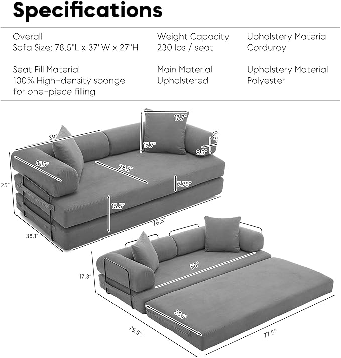 79 Inch Convertible Sleeper Sofa Bed 5 in-1 Boneless Floor Couch Bed with Fixed-Shape Frame Modular Floor Sofa Futon Couch for Living Room RV Studio Bedroom Small Spaces Grey