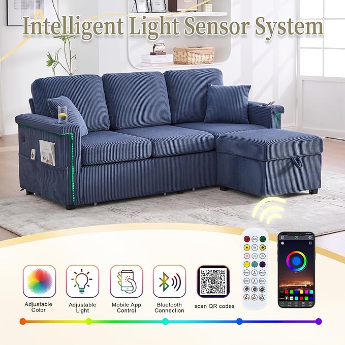 KEIKI 76 L-Shaped Modular Corduroy Sectional Sofa with Pull-Out Bed &amp 1 Movable Storage Ottoman &amp 2 Cup Holder &amp USB Convertible 4-Seater Sleeper Couch Bed Easy Assembly for Living Roo