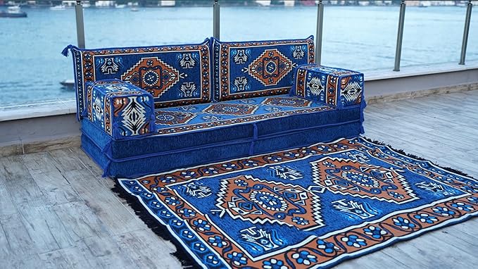 arabicsofa 8 Inch Thick Royal Blue Arabic Floor Cushion – Handmade Modular Majlis Seating with Backrest Pillows