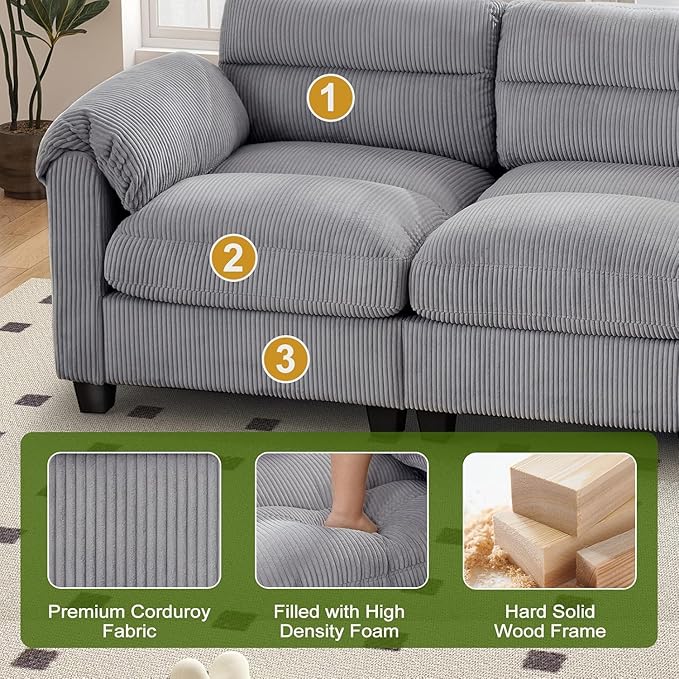 Corduroy Sofa Set Upholstered Armchair Set of 2 and 3-Seater Sofa with Plush Cushions and Rolled Arms Modern Living Room Furniture SetsGrey