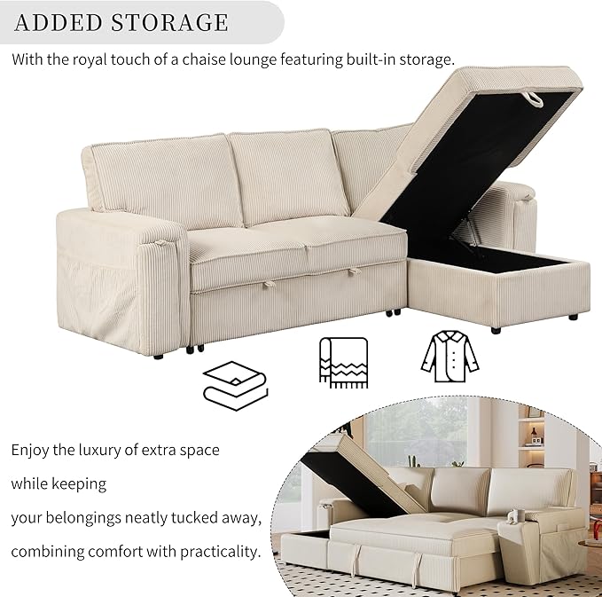 LUMISOL 96 Convertible Sleeper Sofa Bed L-Shaped Sofa with Pull Out Bed &amp Storage Chaise Corduroy Sectional Sleeper Couch with Cup Holders &amp Pockets for Living Room Apartment Beige