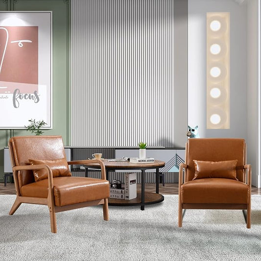 ANJ Mid Century Modern Accent Chairs Set of 2 PU Leather Reading Chair with Solid Wood Frame Easy Assembly Armchair for Living Room
