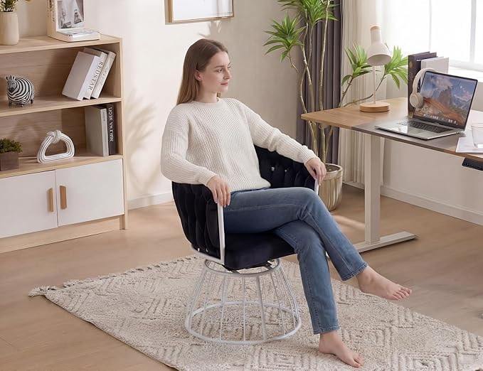 Mistpeople Swivel Weave Accent Chair Velour Upholstered Modern Chair with Woven Tufted Backrest for Living Room Bedroom Vanity Black